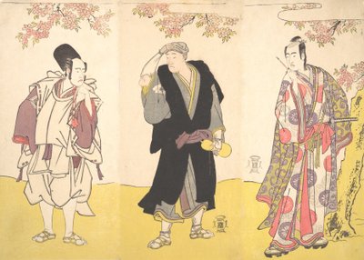 Actores de Kabuki Ichikawa Yaozo III, Onoe Matsusuke I y Sawamura Sojuro III, 11º mes, 1786 de Shunsho