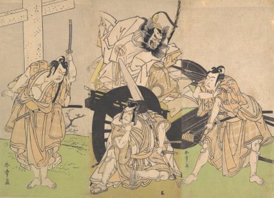 Actores de Kabuki Ichikawa Yaozo II, Nakajima Mihoemon II, Ichikawa Ebizo III, 7mo mes, 1776 de Shunsho