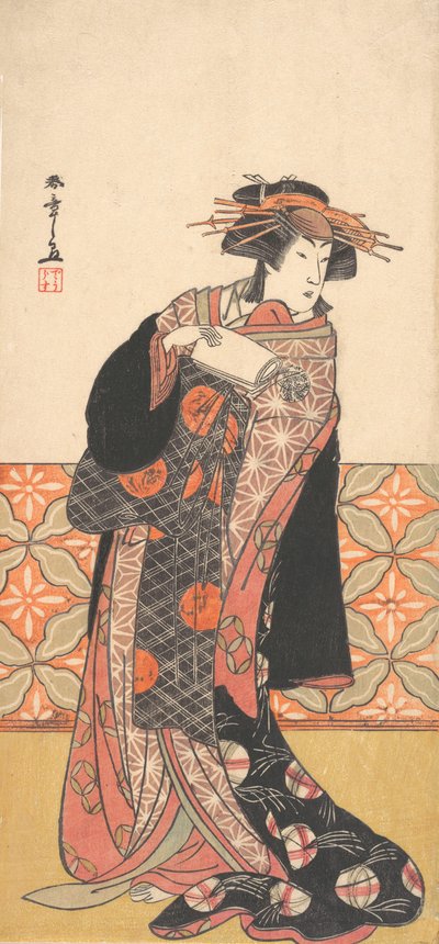 Nakamura Riko como cortesana ricamente vestida de pie en una habitación, ca. 1778 de Shunsho