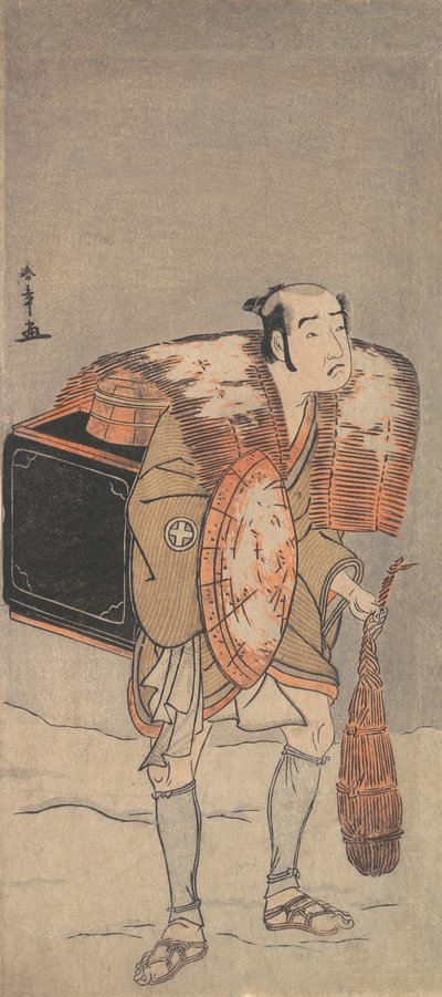 Otani Tomoemon como un vendedor ambulante caminando por la nieve de Shunsho