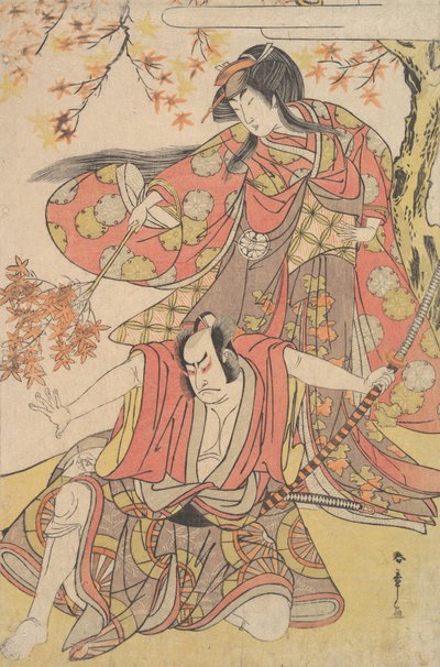Segawa Kikunojo III como una mujer de pie bajo un arce en otoño, ca. 1778 de Shunsho