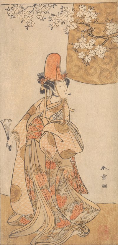 Segawa Tomisaburo en el papel de Musume Dojoji en Hanagatami Kazaori Eboshi, febrero de 1774 de Shunsho