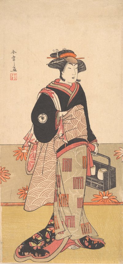 El actor Iwai Hanshiro IV como una mujer en un kimono negro, ca. 1780 de Shunsho