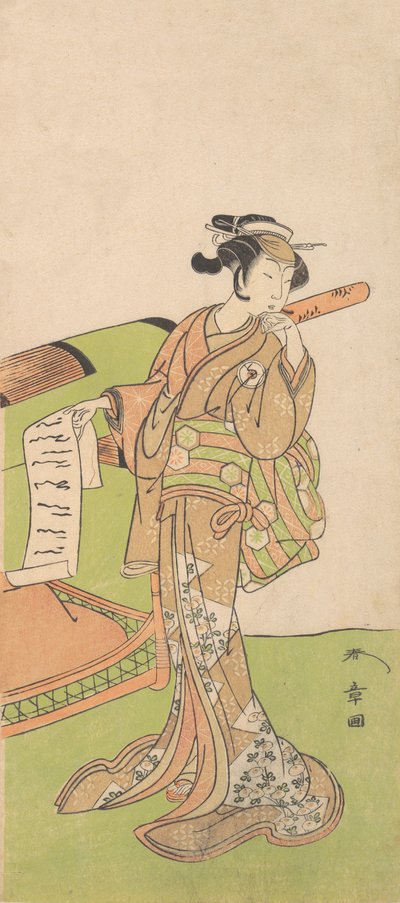 El actor Iwai Hanshiro IV en rol femenino, de pie junto a una litera, 1726-1792 de Shunsho