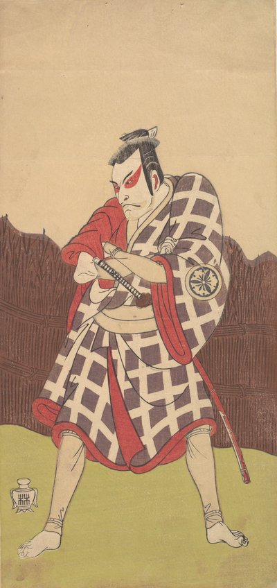 El actor Matsumoto Koshiro 3º como un hombre que se para con los brazos cruzados, finales del siglo XVIII de Shunsho
