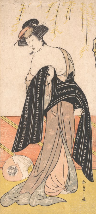 El actor Nakamura Riko como una oiran atando su obi de Shunsho