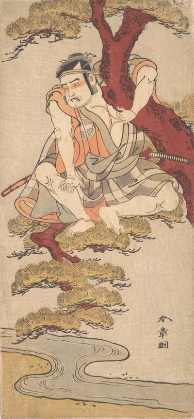 El actor Otani Hiroemon III observando desde las ramas de un pino, ca. 1775 de Shunsho