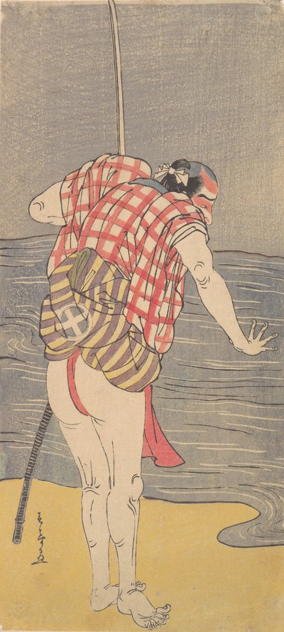 El actor Otani Hiroemon III como hombre listo para vadear el mar con una espada desenvainada, ca. 1775 de Shunsho
