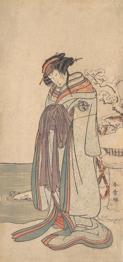 El tercer Segawa Kikunojo como una cortesana de pie en la nieve de Shunsho