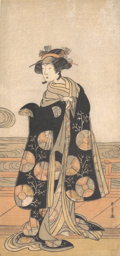 Yoshizawa Iroha como una Mujer de Pie en el Engawa de una Casa junto a un Río, ca. 1778 de Shunsho