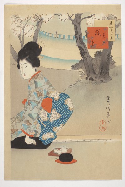 Tres cerezos en flor, de la serie "Bellezas de los 12 meses". de Shuntei Miyagawa
