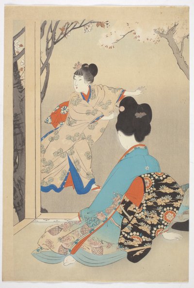 Tres cerezos en flor, de la serie "Bellezas de los 12 meses". de Shuntei Miyagawa