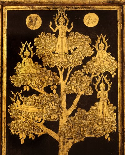 Panel trasero de un gabinete de manuscritos con escenas budistas, probablemente del período Ayutthaya tardío de Siamese School