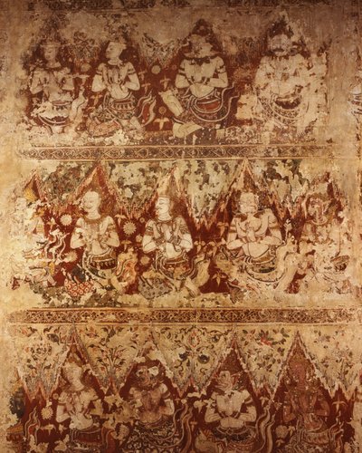 Pinturas murales que muestran deidades celestiales del período Ayutthaya temprano del siglo XVIII de Siamese School
