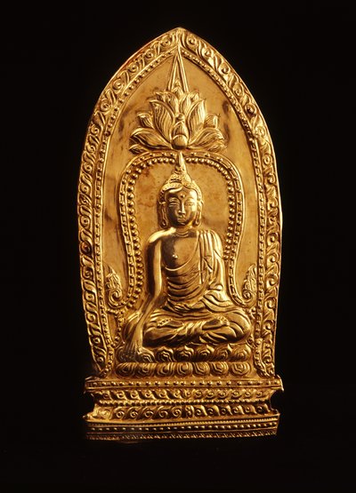 Placa votiva que representa a Buda sometiendo a Mara (oro) de Siamese School