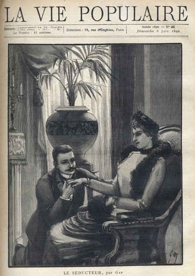 Un hombre de rodillas sostiene la mano de una mujer elegante, sentada en un salón burgués, vistiendo su abrigo, una manga y una bufanda de piel. Ilustración para 