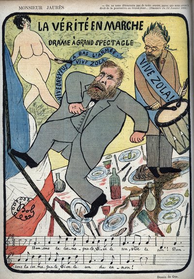 El caso Dreyfus - Monsieur Jaurès - La Verdad en marcha, drama a gran espectáculo - ¡Viva Dreyfus, Viva Zola, abajo el ejército! - Jean JAURÈS baila la Carmagnole frente a Emile ZOLA y su tambor. Caricatura de BOB (1850-1932) para Le Lire del 4/11/1896. Hu de Sibylle Gabrielle de Riquetti de Mirabeau