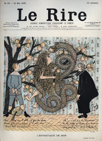 Eva y la serpiente: "La estética de Bob" - Dibujo humorístico de Gyp (Sibylle Gabrielle Marie Antoinette Riquetti de Mirabeau, Condesa de Martel de Janville) (1849-1932) - "La risa", 25 de mayo de Sibylle Gabrielle de Riquetti de Mirabeau