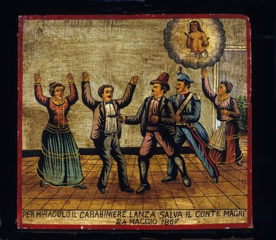 Ex-voto siciliano: "Por milagro, el carabinero Lanza salva al Conde Magri el 24/05/1867". Representación de un brigandaje: un ladrón ataca con su pistola a la pareja Magri mientras el carabinero lo sorprende por detrás de Sicilian School