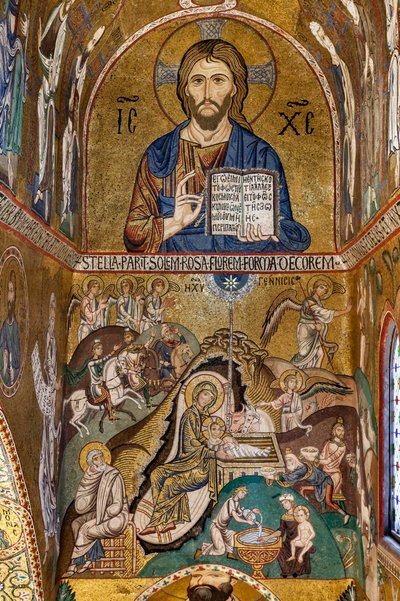 Capilla Palatina (Basílica), ábside sur o "absidiola" de San Pablo, mosaicos: "Cristo Pantocrátor" y "Natividad", siglo XII de Sicilian School