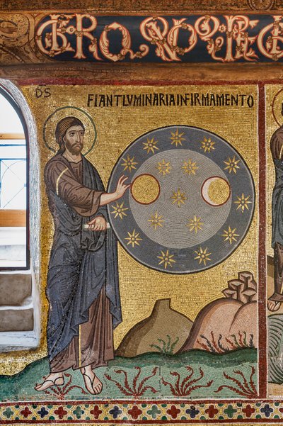 La Capilla Palatina (Basílica), ciclo de mosaicos sobre el Antiguo Testamento, ciclo de la Creación: "La creación de las estrellas", siglo XII de Sicilian School