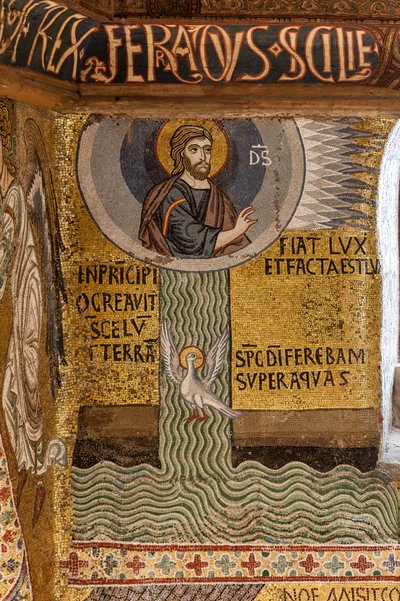 La Capilla Palatina (Basílica), ciclo de mosaicos sobre el Antiguo Testamento, ciclo de la Creación: "Fiat Lux Dios crea la Luz y divide las Aguas", siglo XII de Sicilian School
