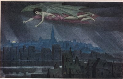Lucifer volando sobre la ciudad. "¡Duerme, duerme, oh ciudad! Hasta que la luz te despierte de nuevo al pecado y al crimen