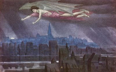 La Leyenda Dorada: Lucifer sobrevolando la ciudad (litografía en color) de Sidney Meteyard