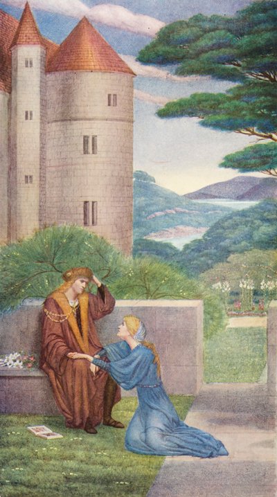 La Leyenda Dorada: El Príncipe y Elsie en el jardín (litografía en color) de Sidney Meteyard