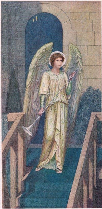 El heraldo del misterio... y allá, en un escenario, un heraldo con una trompeta, vestido como el ángel Gabriel de Sidney Meteyard