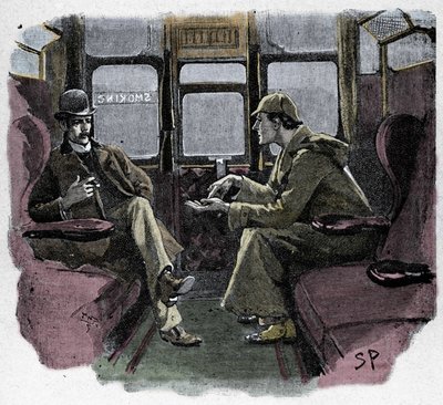 Silver Blaze: ilustración de Sydney Paget de una aventura de Sherlock Holmes. El famoso detective está representado con el Dr. Watson en un tren. Publicado en "The Strand Magazine". Historia de Conan Doyle. 1892. de Sidney Paget