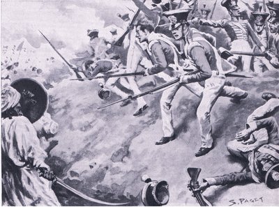La batalla de Dubba, 24 de marzo de 1843, ilustración de British Battles on Land and Sea, 1915 de Sidney Paget