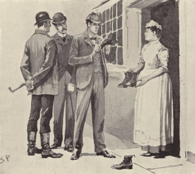 La criada nos mostró las botas: escena de la historia de Sherlock Holmes El misterio del valle de Boscombe, de Arthur Conan Doyle de Sidney Paget
