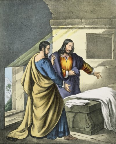 Pedro y Juan en el sepulcro, de una biblia impresa por Edward Gover, 1870