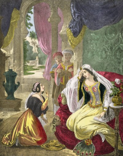 La doncella hebrea cautiva que servía a la esposa de Naamán, de una biblia impresa por Edward Gover, 1870