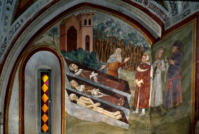 Encuentro de los muertos con los vivos (detalle). Fresco de la escuela de Siena. Siglo XIV. Monasterio de San Benito (Sacro Speco), Escalera, Subiaco (Roma), Italia de Sienese School