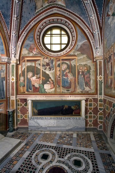 La natividad y la adoración de los magos. Fresco de la escuela de Siena. Siglo XIV. Capilla de la Virgen. Monasterio de San Benito (Sacro Speco), Subiaco (Roma), Italia de Sienese School