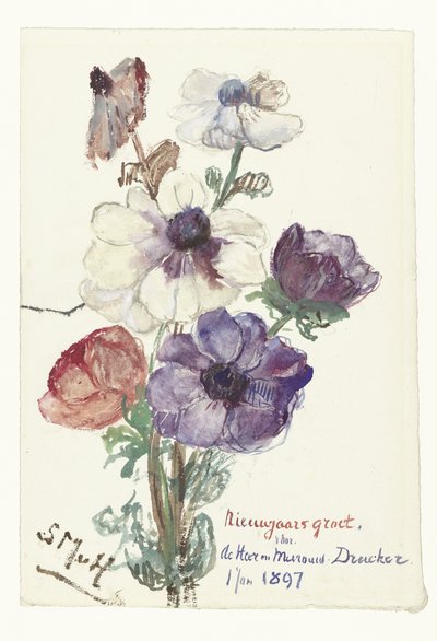 Felicitación de Año Nuevo con anémonas de Sientje Mesdag van Houten