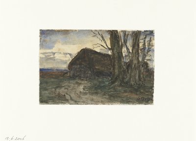 Redil cerca de los árboles en el cielo del atardecer de Sientje Mesdag van Houten
