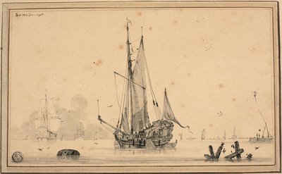 Escena de puerto con barcos en reposo y pilotes de Sieuwert van der Meulen