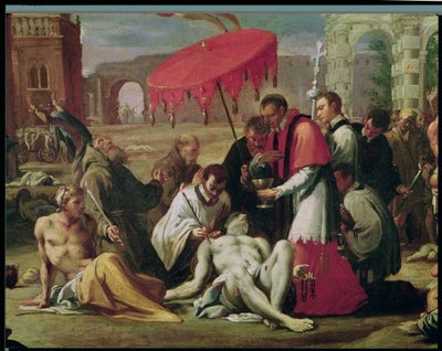 San Carlos Borromeo (1538-84) administrando el sacramento a las víctimas de la peste en 1576 (detalle) de Sigismondo Caula