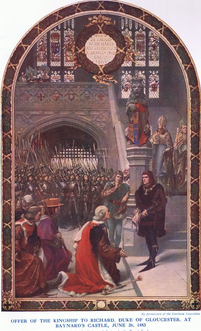Oferta de la realeza a Ricardo Duque de Gloucester en el Castillo de Baynards, 26 de junio de 1483, de Cassells History of the British People publicado por la Waverley Book Company Limited, c.1940 de Sigismund Christian Hubert Goetze