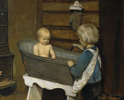 Niños jugando en una bañera (óleo sobre lienzo) de Sigmund Sinding