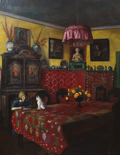 Interior con niña y gato (óleo sobre lienzo) de Sigmund Sinding