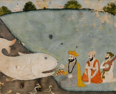 Guru Nanak con Bala, Mardana y el gran pez (Vishnu en Matsyavatara) de Sikh School