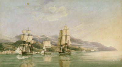 Ataque a un convoy de dieciocho mercantes franceses en Laigrelia y Alassio, 27 de junio de 1812, principios del siglo XIX (pluma, tinta, grafito, acuarela) de Silas Thomson (attr.to) Hood