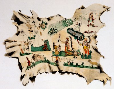 Pintura Nativa Americana en piel de animal, siglo XIX de Silver Horn
