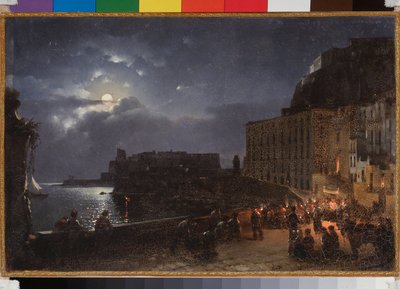 El muelle de Santa Lucía en Nápoles (Italia), en una noche de luna llena. Pintura de Sylvester Feodosiyevich Shchedrin (Sylvester Shchedrin) (1791-1830), óleo sobre lienzo de Silvestr Fedosievich Shchedrin