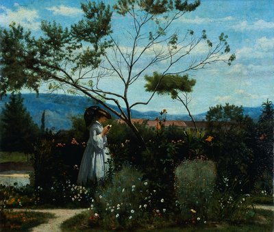 Entre las flores en el jardín, por Silvestro Lega (1826-1895) de Silvestro Lega