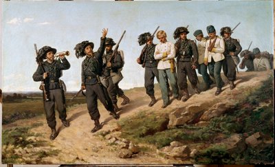 Episodio de la campaña italiana en 1859: prisioneros de guerra austriacos rodeados por bersaglieri de Silvestro Lega
